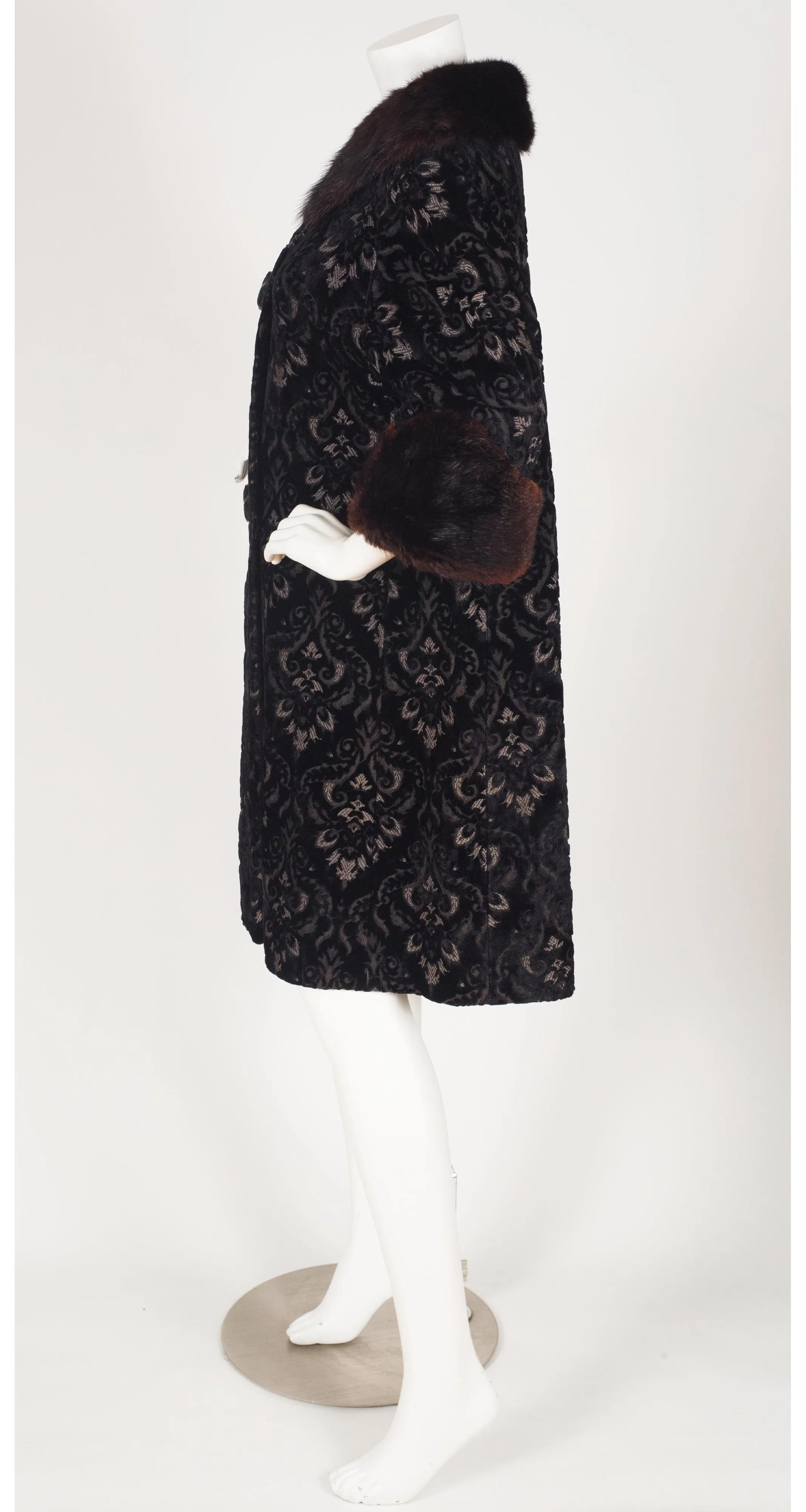 1950s Mink Fur Trim Black Tapestry Coat