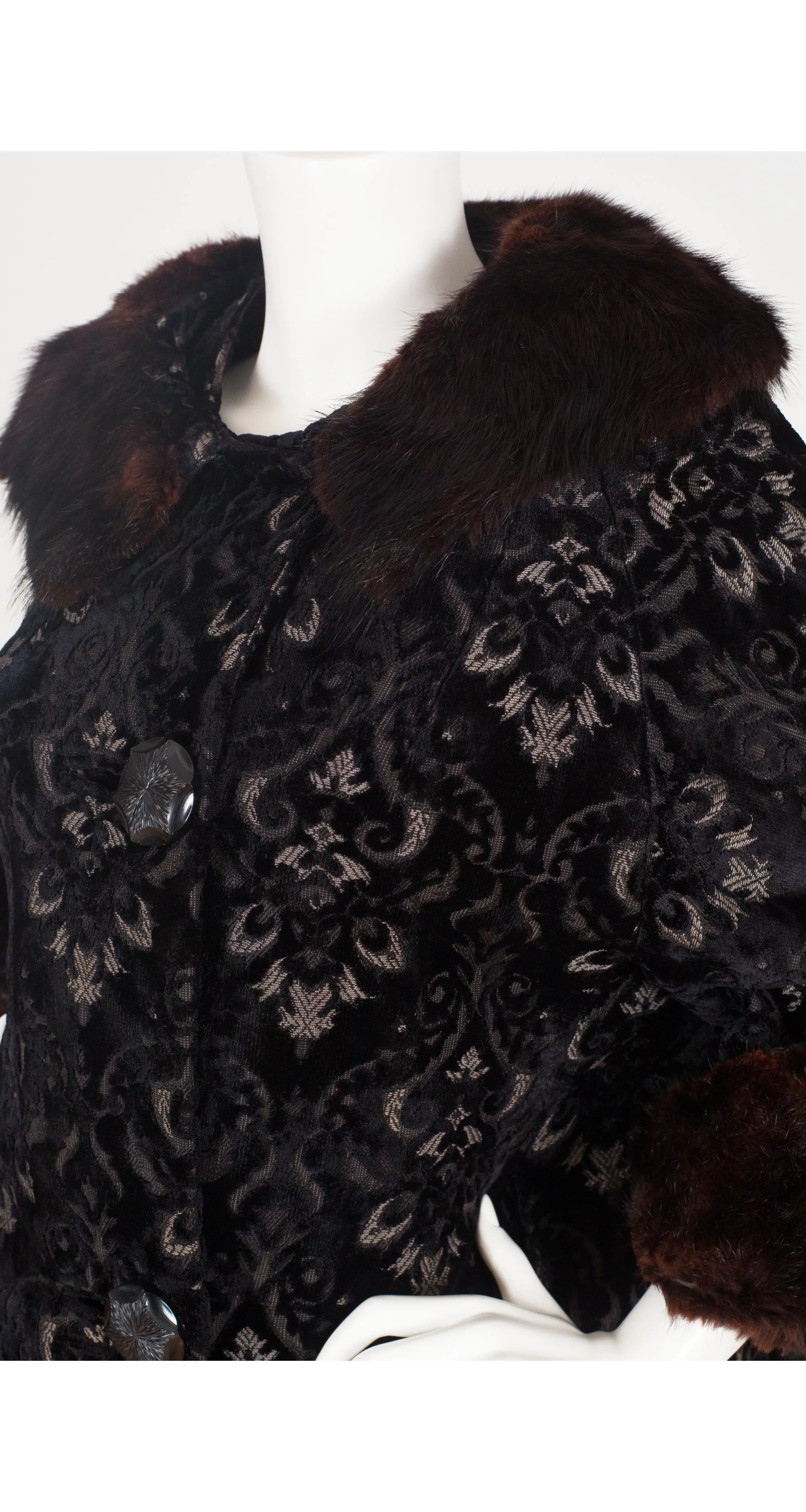 1950s Mink Fur Trim Black Tapestry Coat