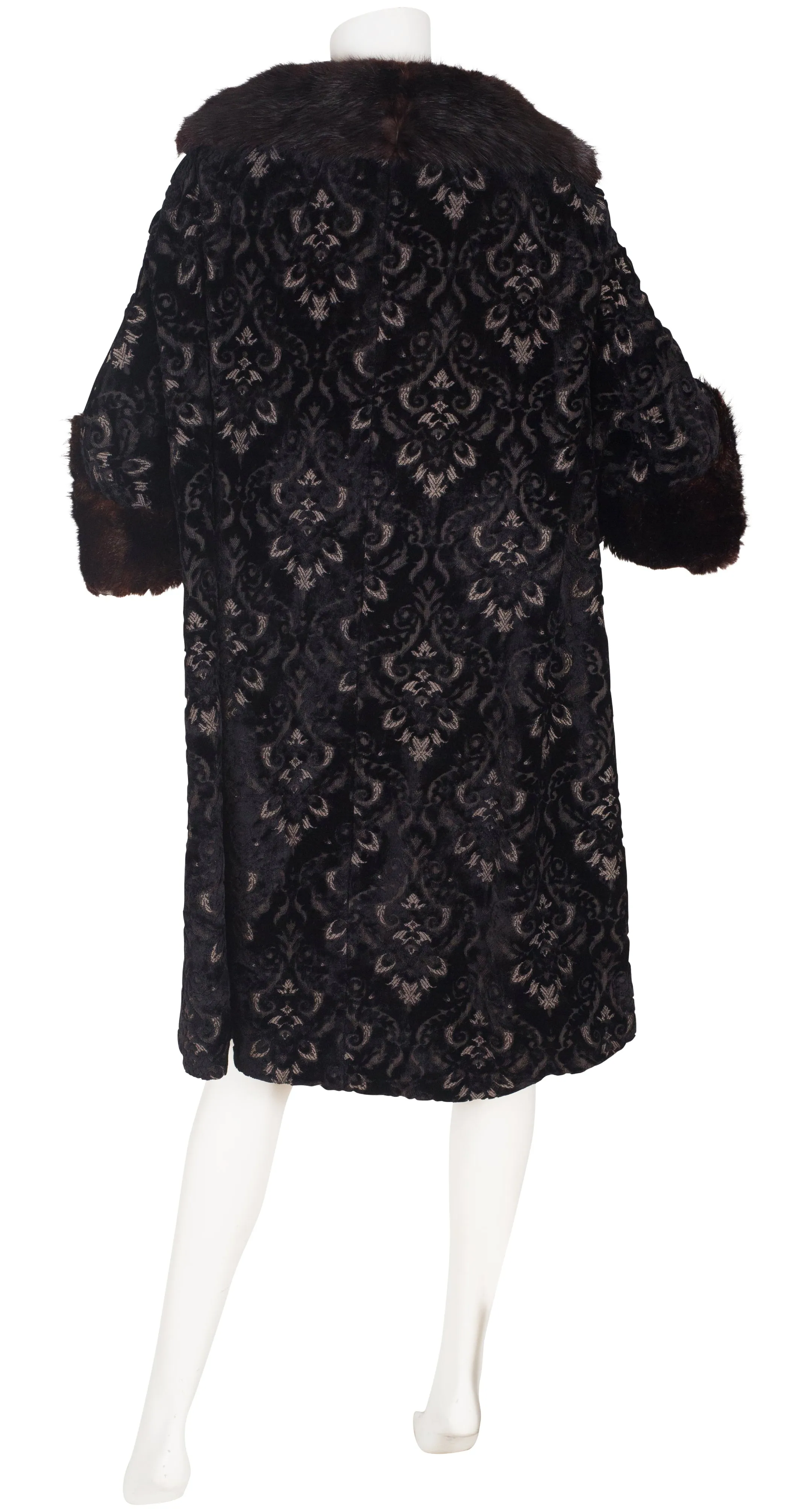 1950s Mink Fur Trim Black Tapestry Coat