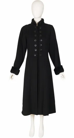 1980s Black Cashmere Fur Trim Double-Breasted Coat