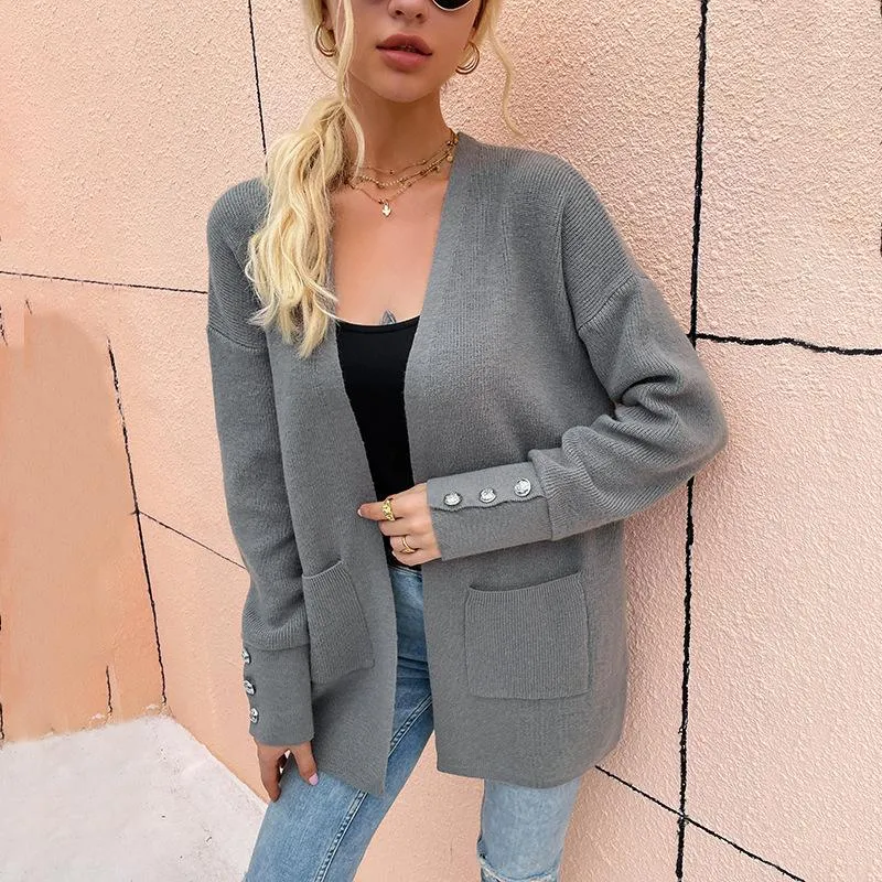 2021 Autumn and Winter New Sweater Women's Leisure Medium Knitted Cardigan Button Decor Open Front with Pocket