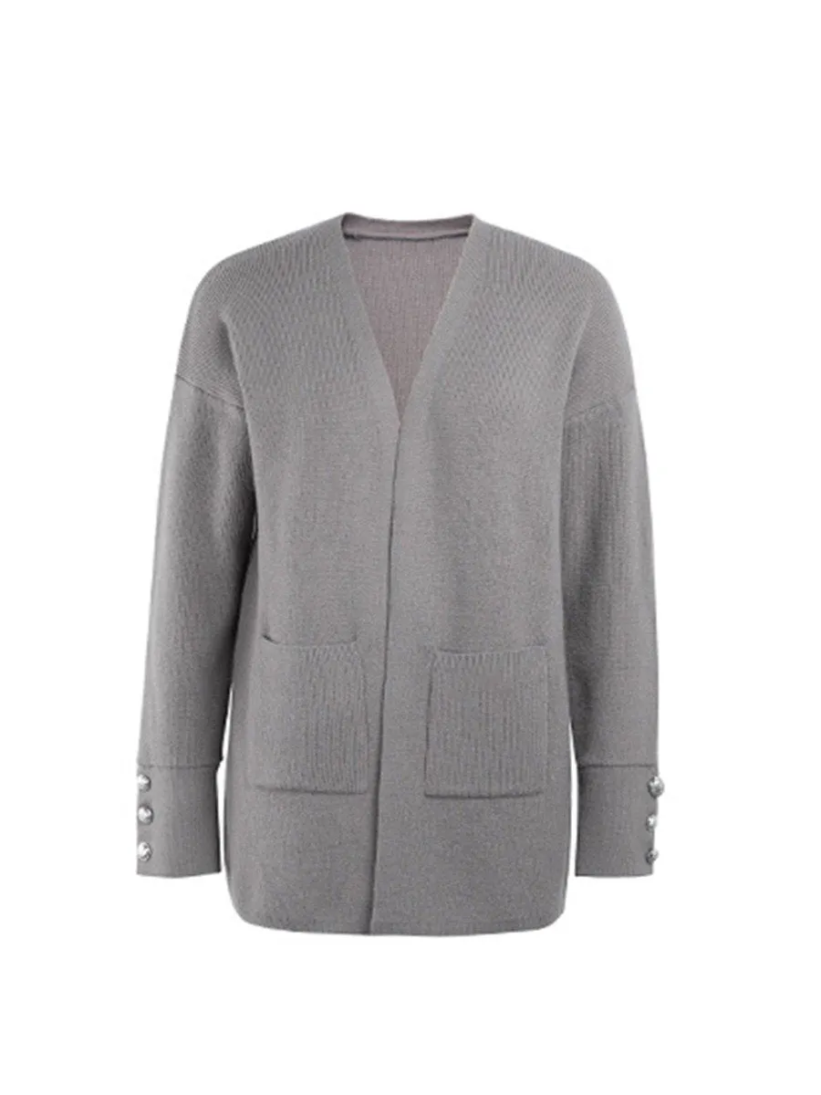 2021 Autumn and Winter New Sweater Women's Leisure Medium Knitted Cardigan Button Decor Open Front with Pocket