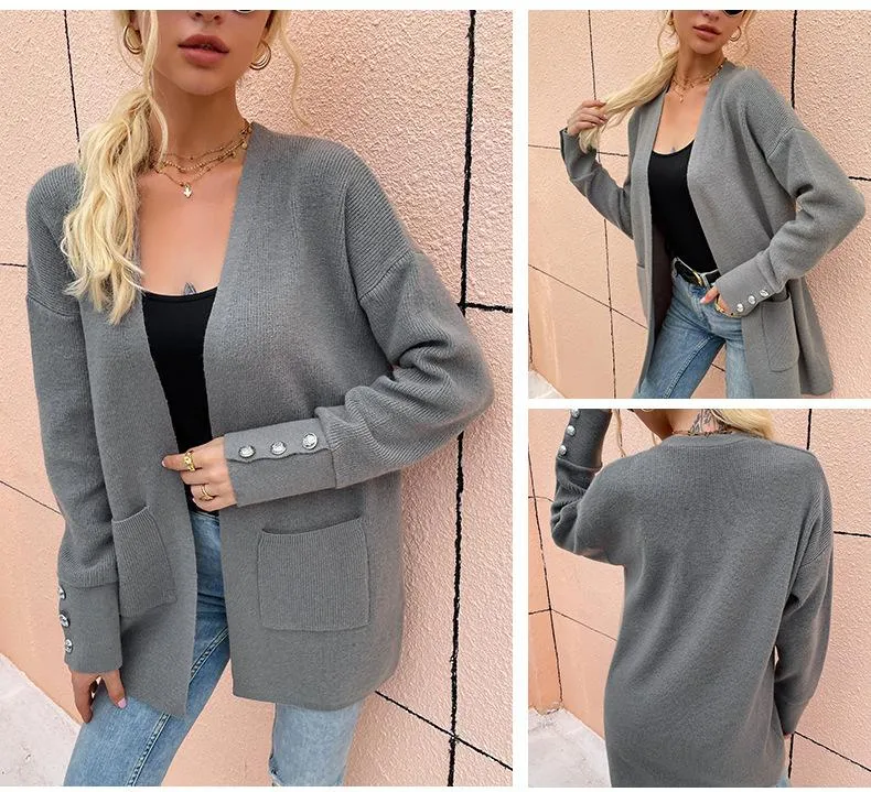 2021 Autumn and Winter New Sweater Women's Leisure Medium Knitted Cardigan Button Decor Open Front with Pocket