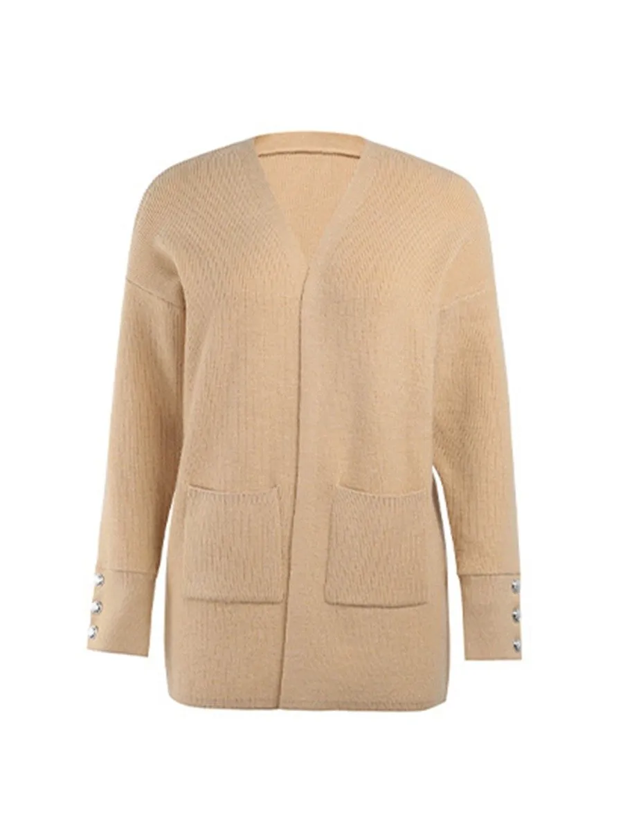 2021 Autumn and Winter New Sweater Women's Leisure Medium Knitted Cardigan Button Decor Open Front with Pocket