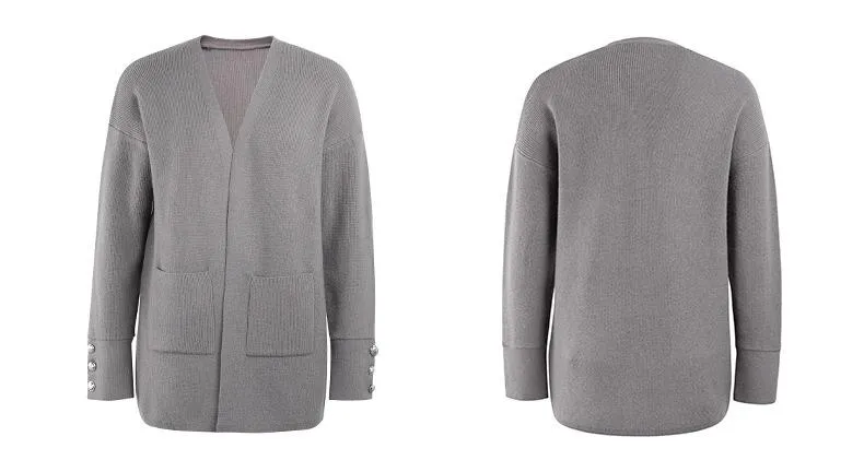 2021 Autumn and Winter New Sweater Women's Leisure Medium Knitted Cardigan Button Decor Open Front with Pocket