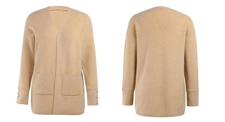 2021 Autumn and Winter New Sweater Women's Leisure Medium Knitted Cardigan Button Decor Open Front with Pocket