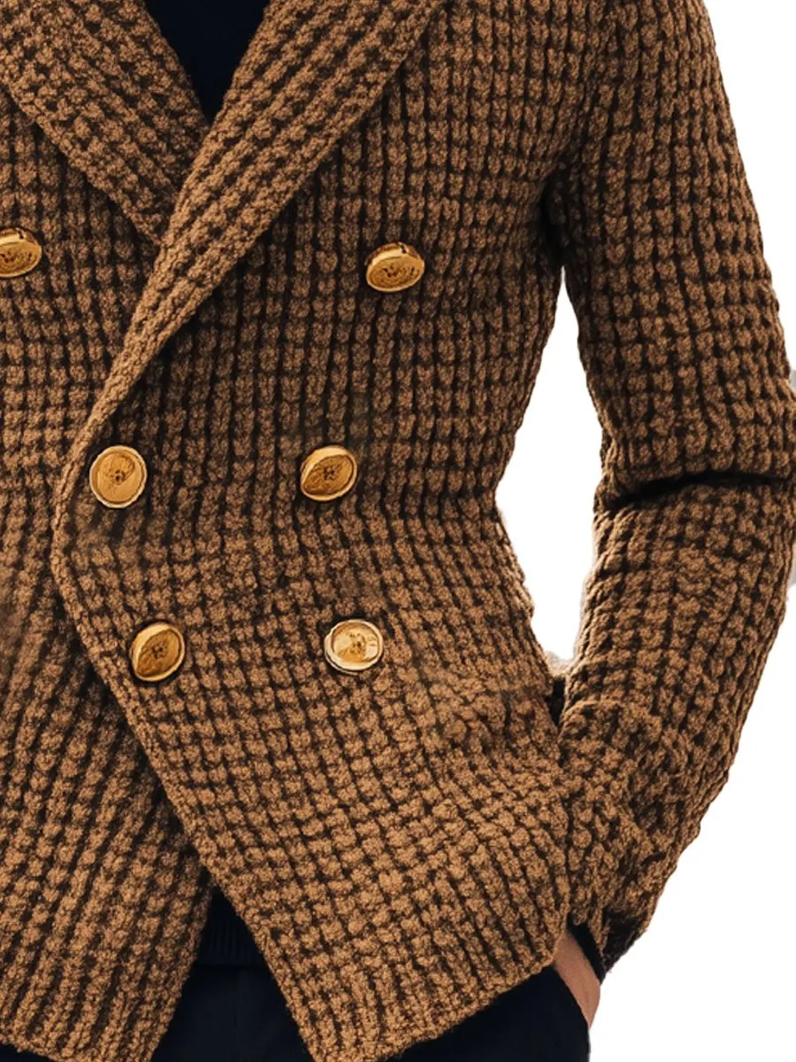 【24-hour shipping】Men's Lapel Double Breasted Metal Button Vintage Knit Cardigan