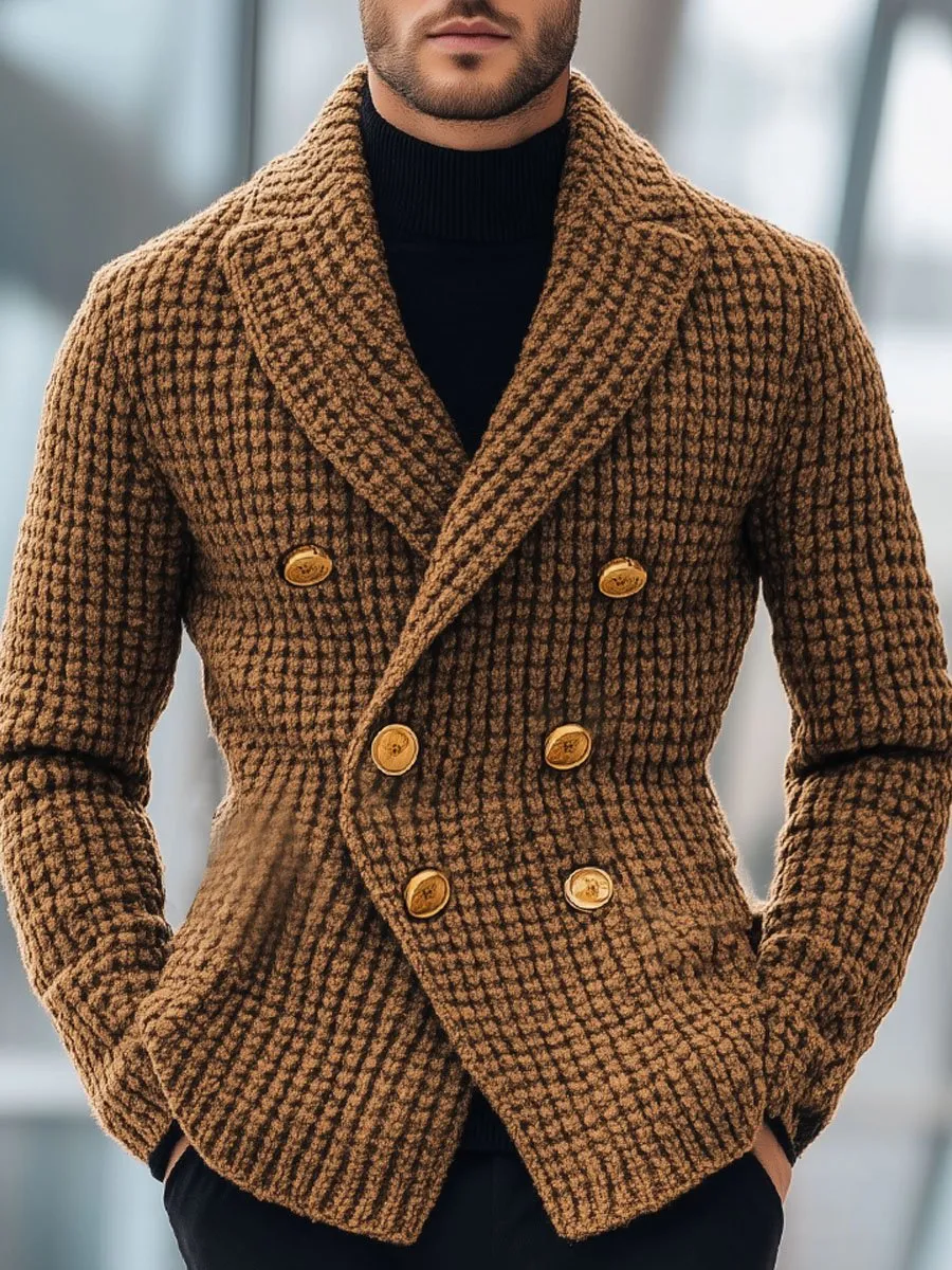 【24-hour shipping】Men's Lapel Double Breasted Metal Button Vintage Knit Cardigan
