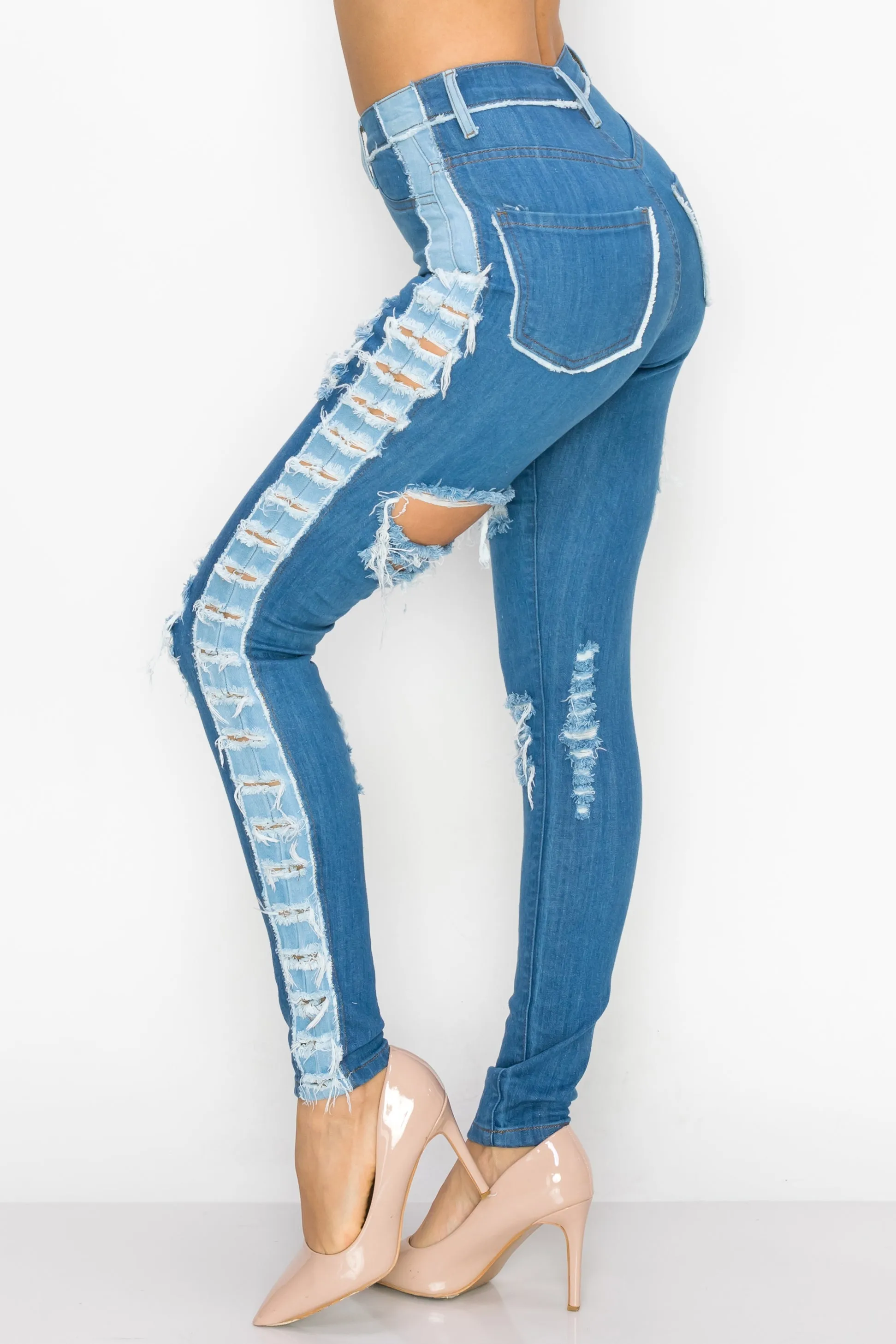 40237 Women's High Waisted Distressed Skinny Jeans with Sliced Outseam Panel