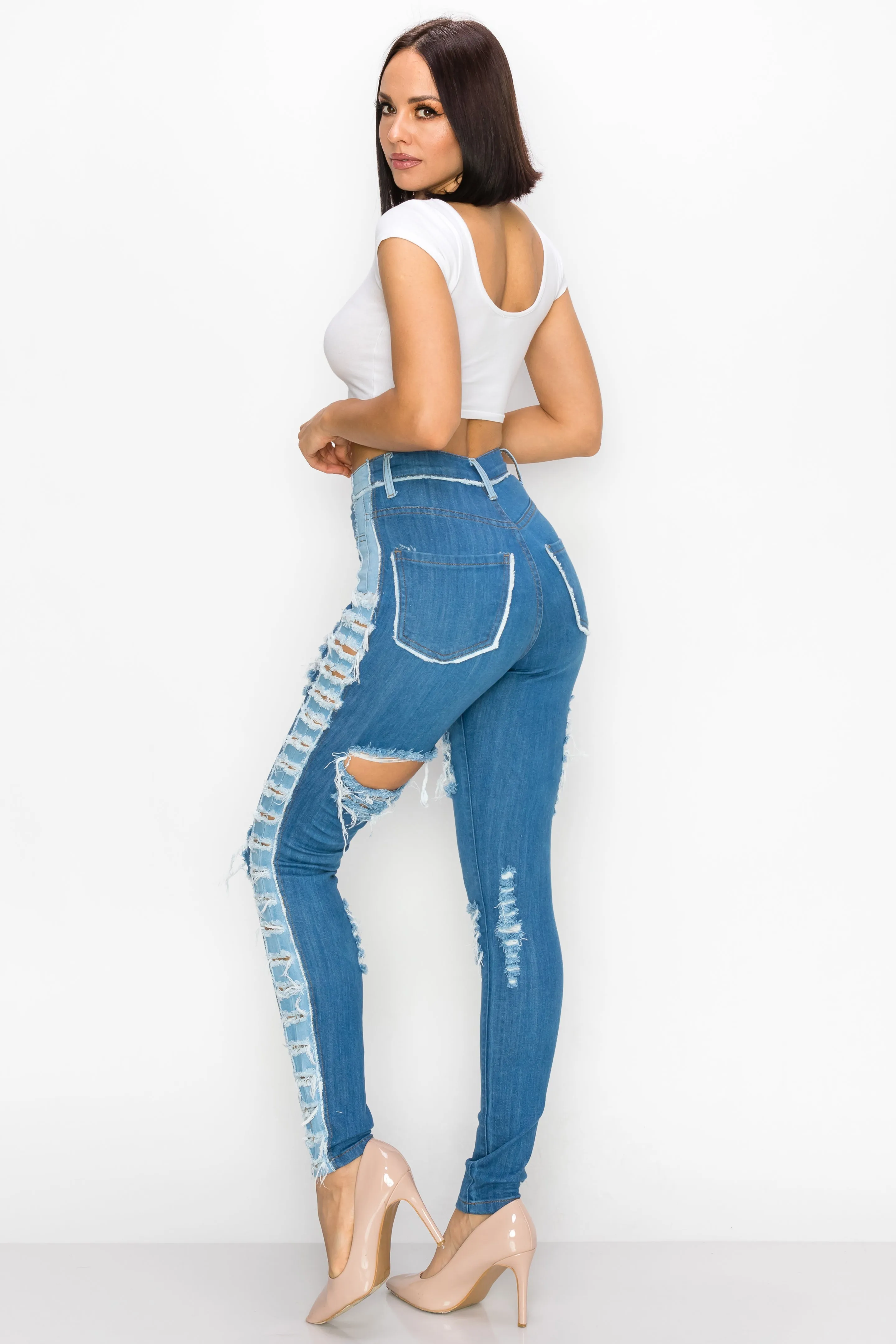 40237 Women's High Waisted Distressed Skinny Jeans with Sliced Outseam Panel