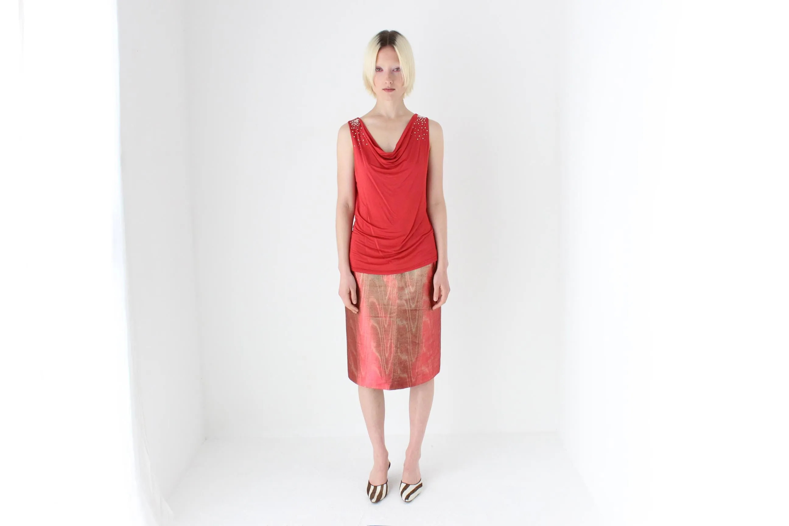 80s Italian Metallic Red & Gold Lamé Disco Skirt