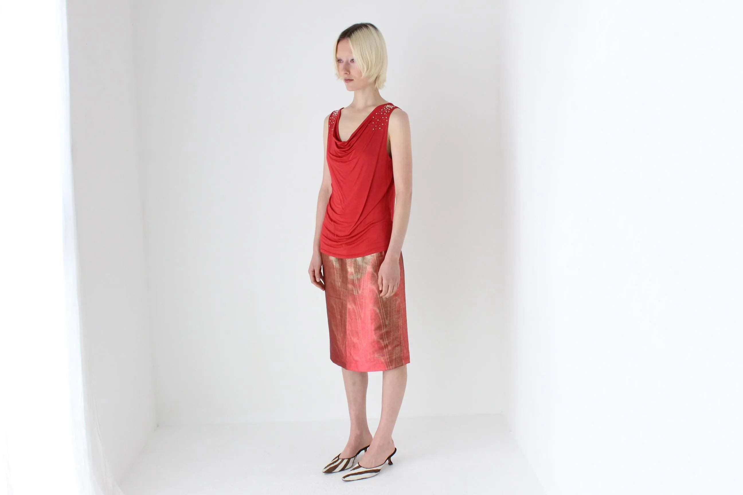 80s Italian Metallic Red & Gold Lamé Disco Skirt
