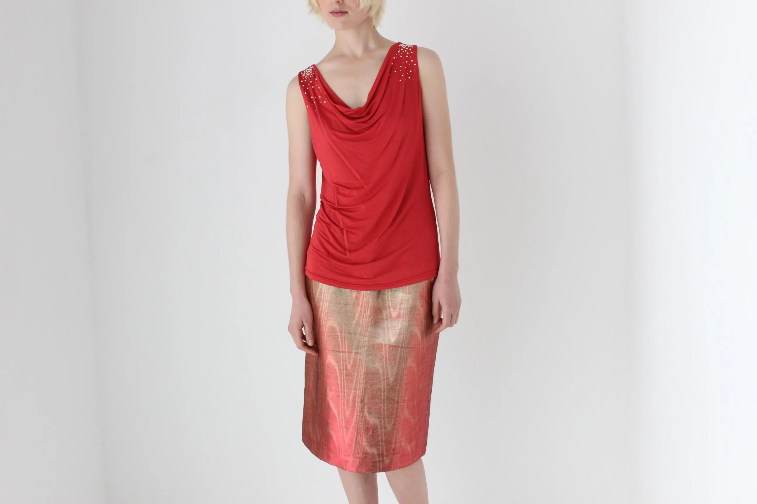 80s Italian Metallic Red & Gold Lamé Disco Skirt