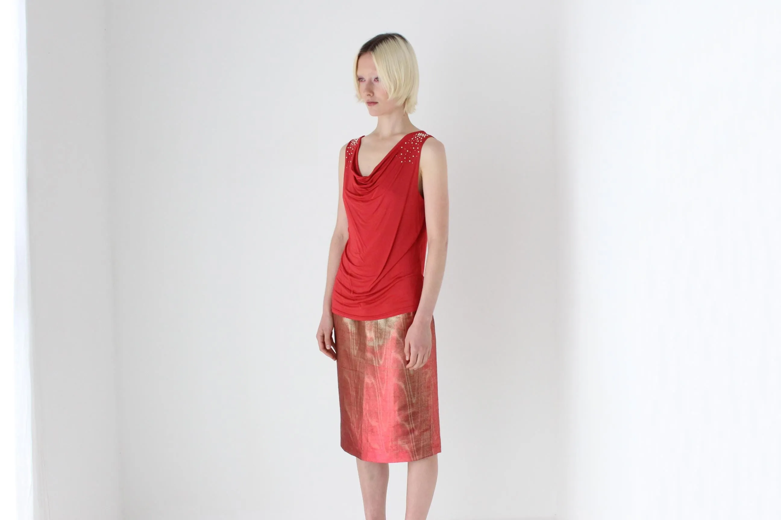 80s Italian Metallic Red & Gold Lamé Disco Skirt