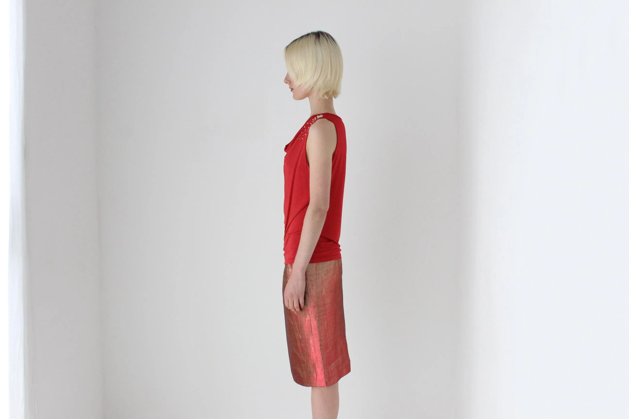 80s Italian Metallic Red & Gold Lamé Disco Skirt