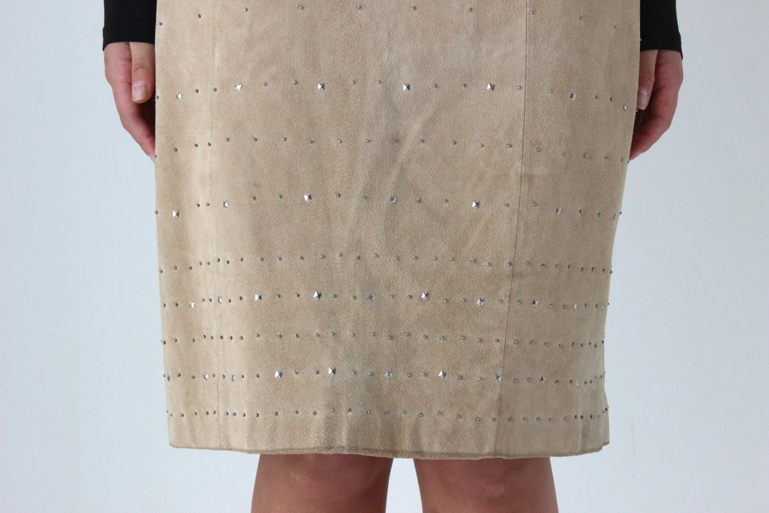 90s Camel Suede Leather Pencil Skirt w/ Studs