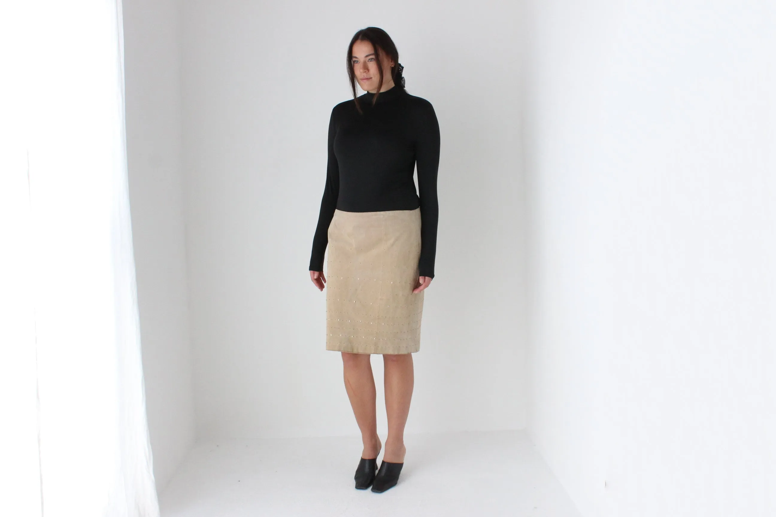 90s Camel Suede Leather Pencil Skirt w/ Studs