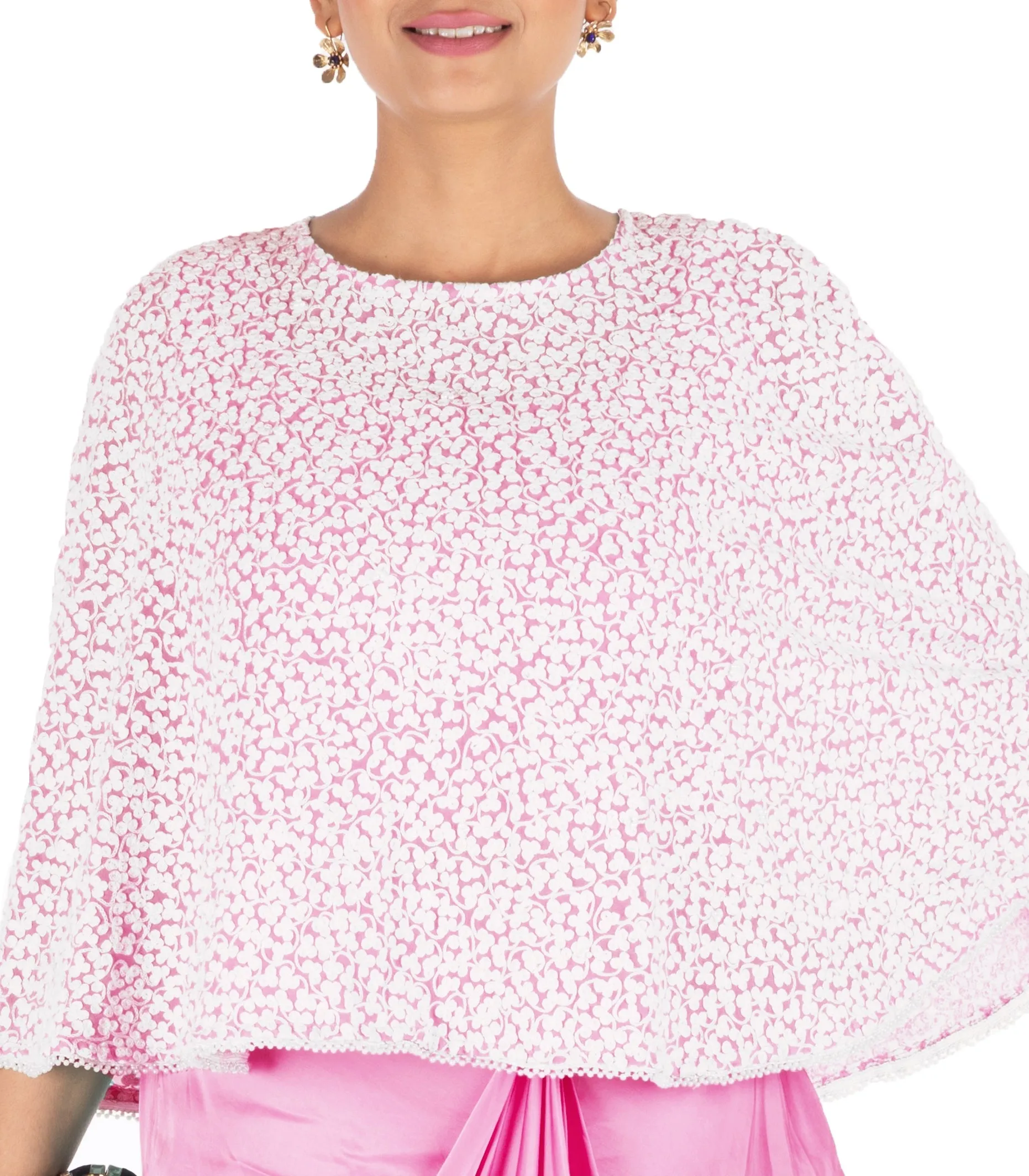 Anju Agarwal Hand Embroidered Pink Drape Skirt & Cape Set