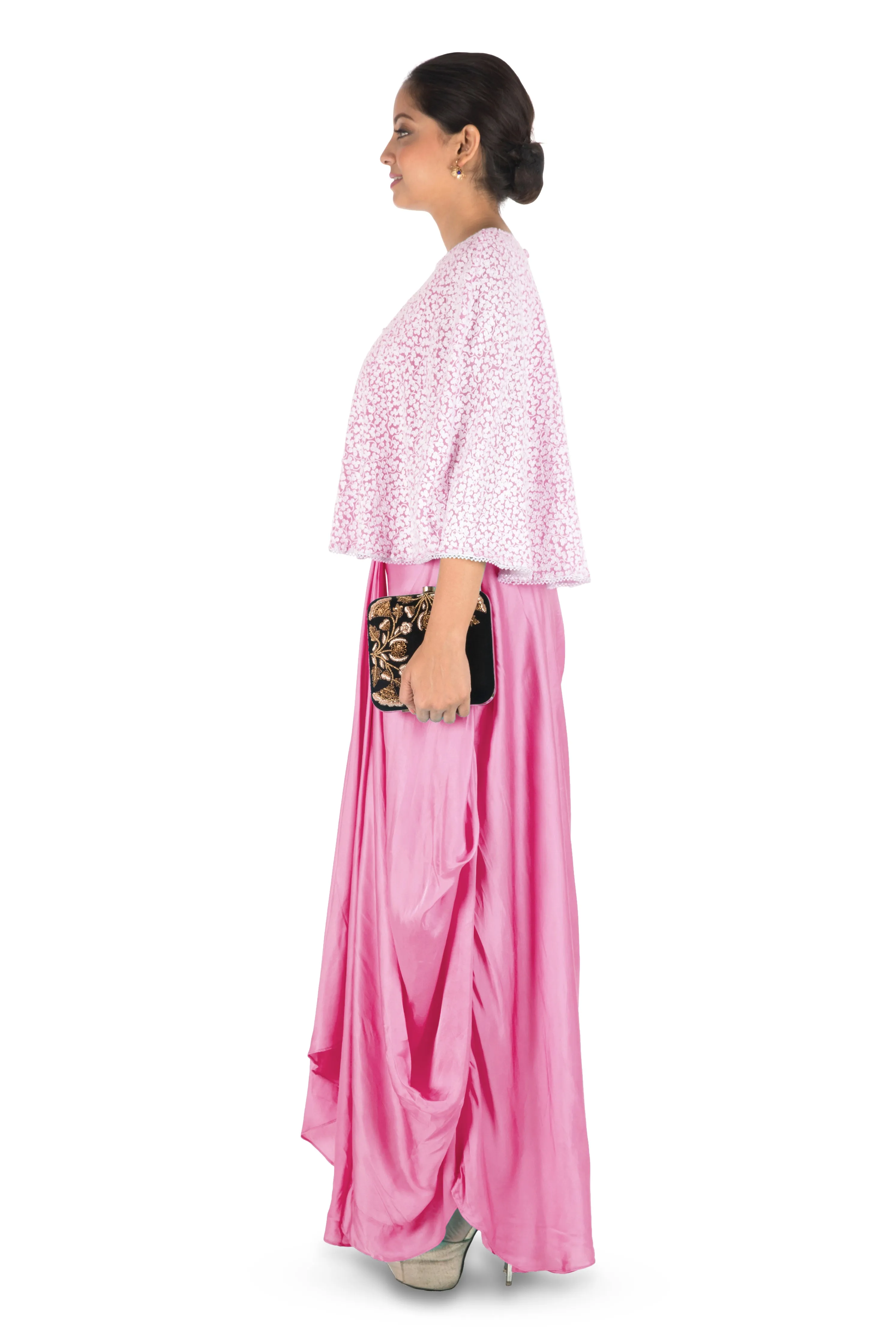 Anju Agarwal Hand Embroidered Pink Drape Skirt & Cape Set