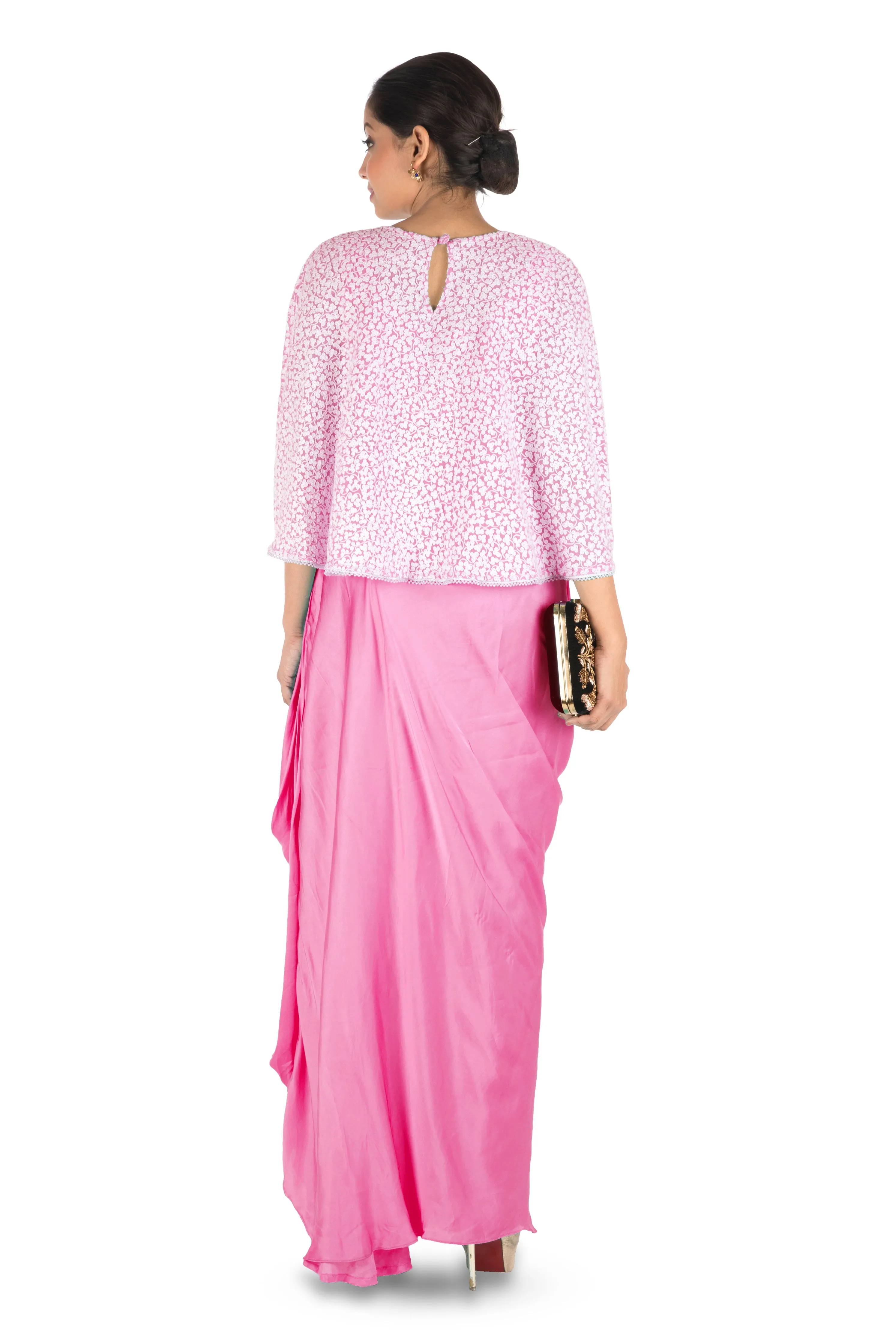 Anju Agarwal Hand Embroidered Pink Drape Skirt & Cape Set