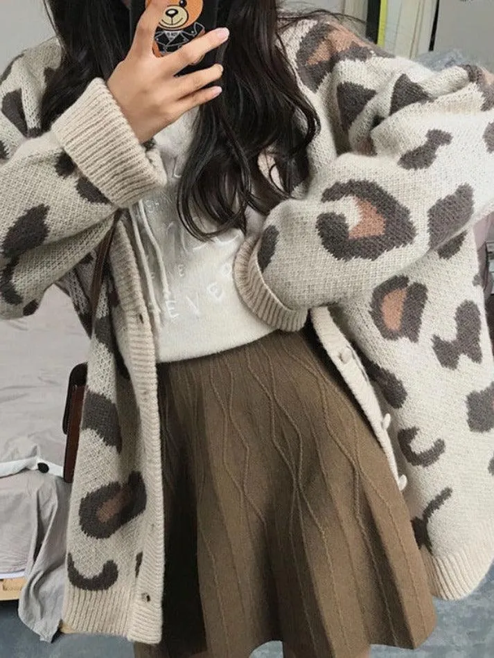 Back To School Sonicelife Leopard Print Loose Cardigan