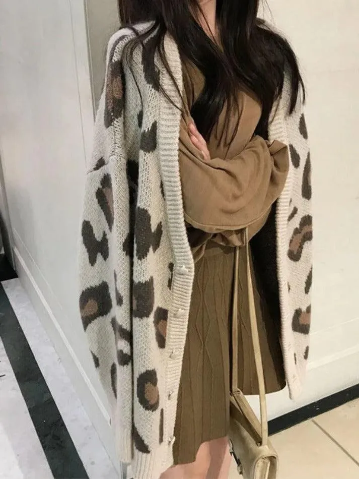 Back To School Sonicelife Leopard Print Loose Cardigan