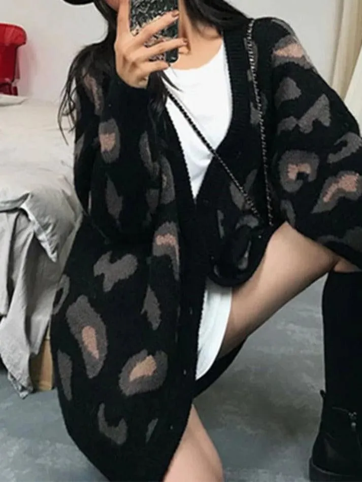 Back To School Sonicelife Leopard Print Loose Cardigan