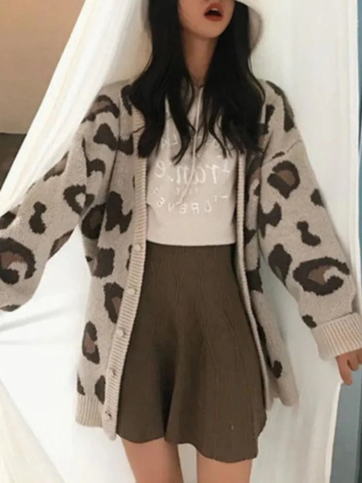 Back To School Sonicelife Leopard Print Loose Cardigan