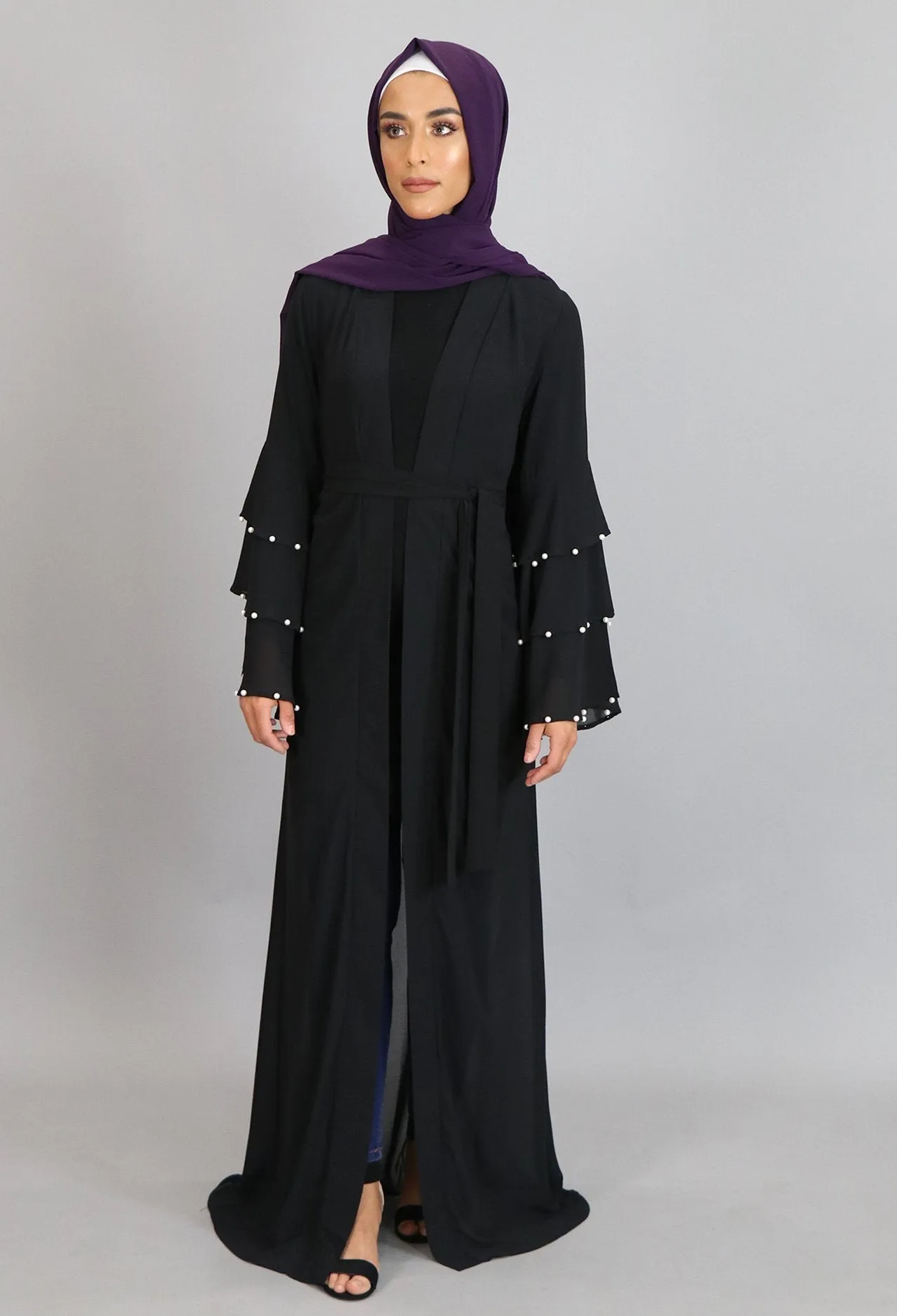 Black Chiffon Pearls Abaya Cardigan Dress