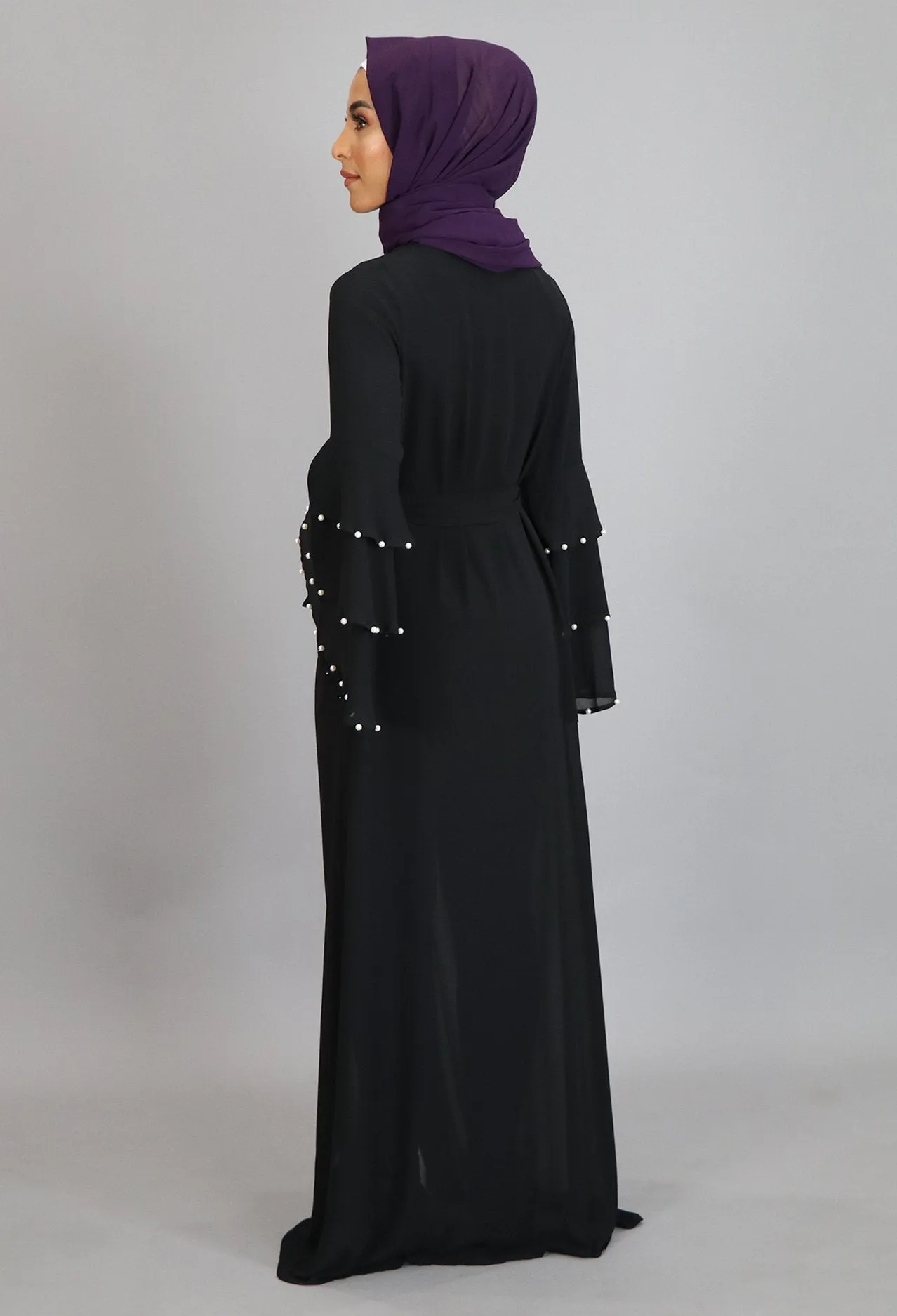 Black Chiffon Pearls Abaya Cardigan Dress