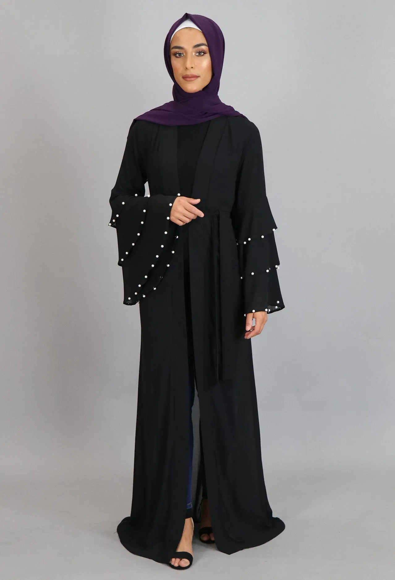 Black Chiffon Pearls Abaya Cardigan Dress