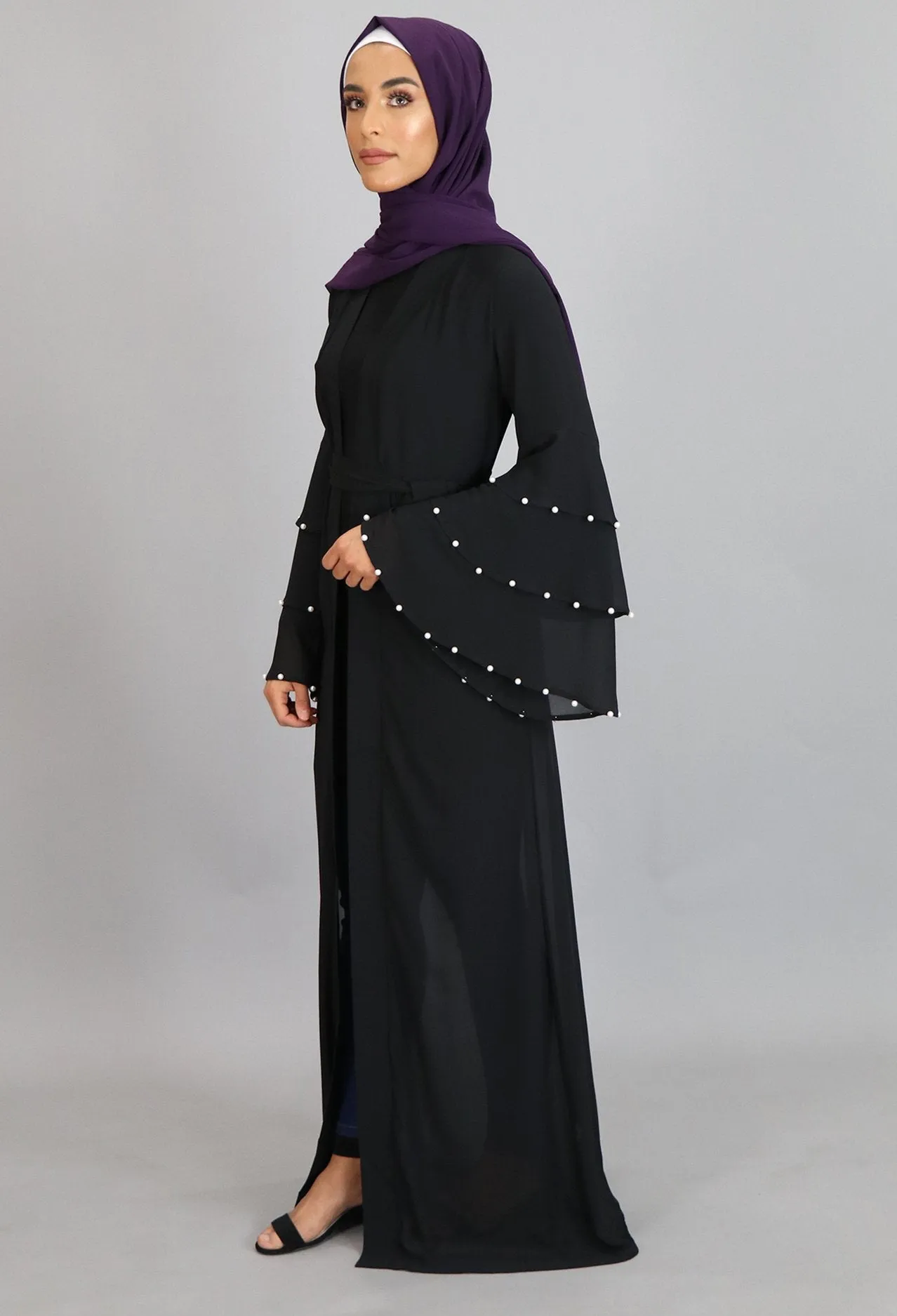 Black Chiffon Pearls Abaya Cardigan Dress