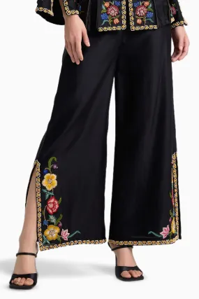 Black Floral Embroidered Flared Pants