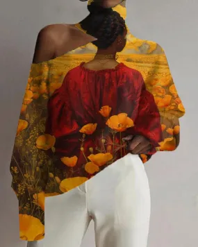 Black Girl Sunflower Oil Print Cutout Shoulder High Neck Top