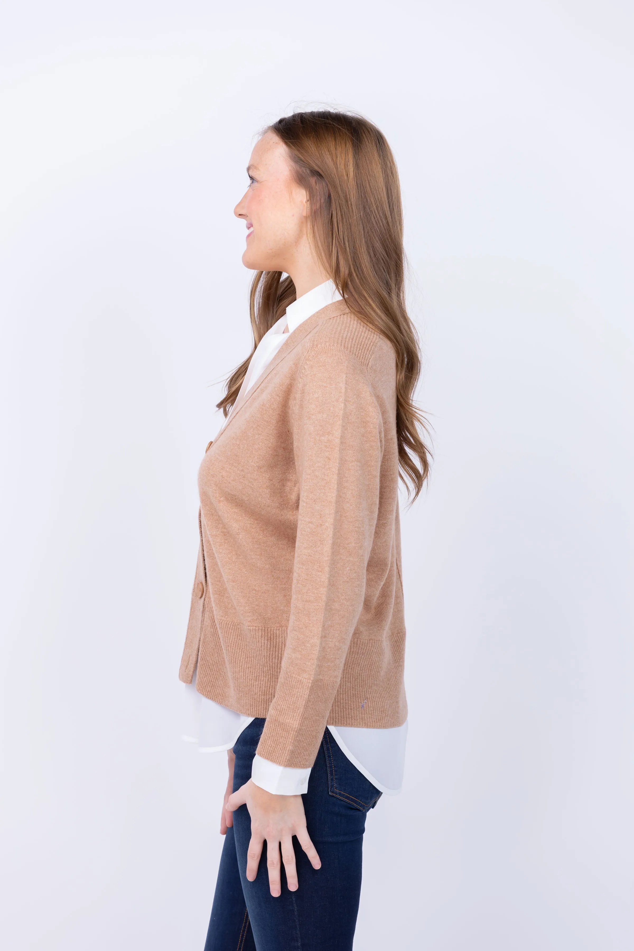 Brochu Walker Callie Layered Looker Cardigan in Camel Melange With White