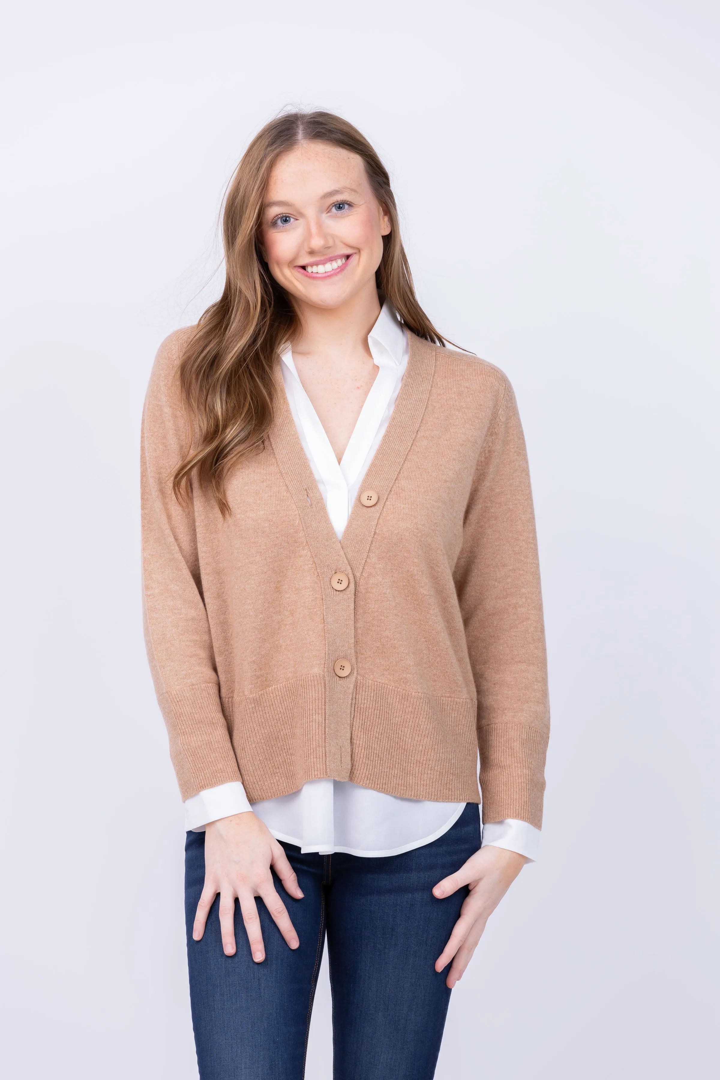 Brochu Walker Callie Layered Looker Cardigan in Camel Melange With White
