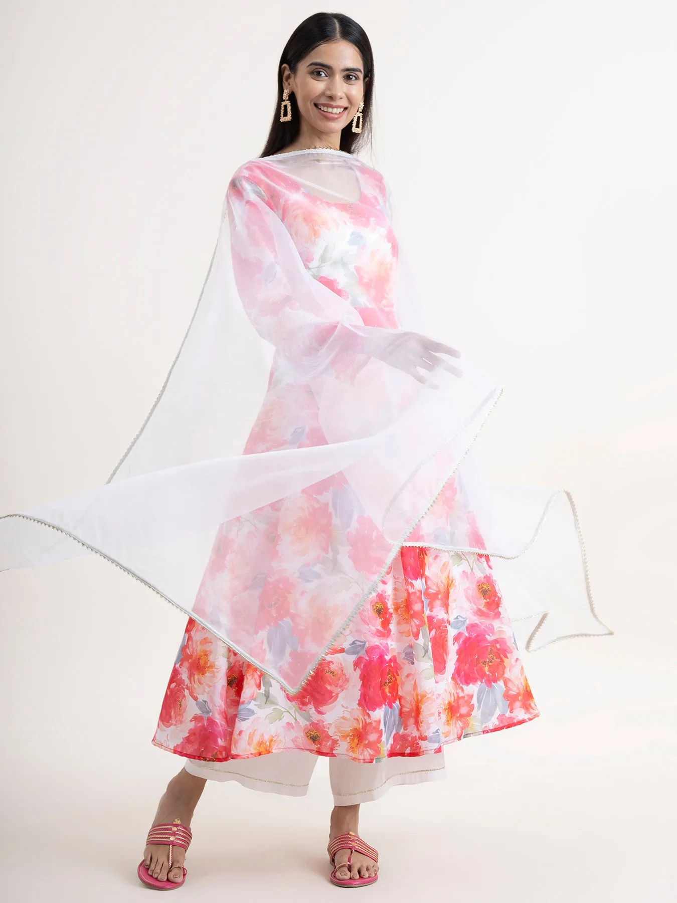 Chanderi Floral Kurta Set With Dupatta - Pink and White