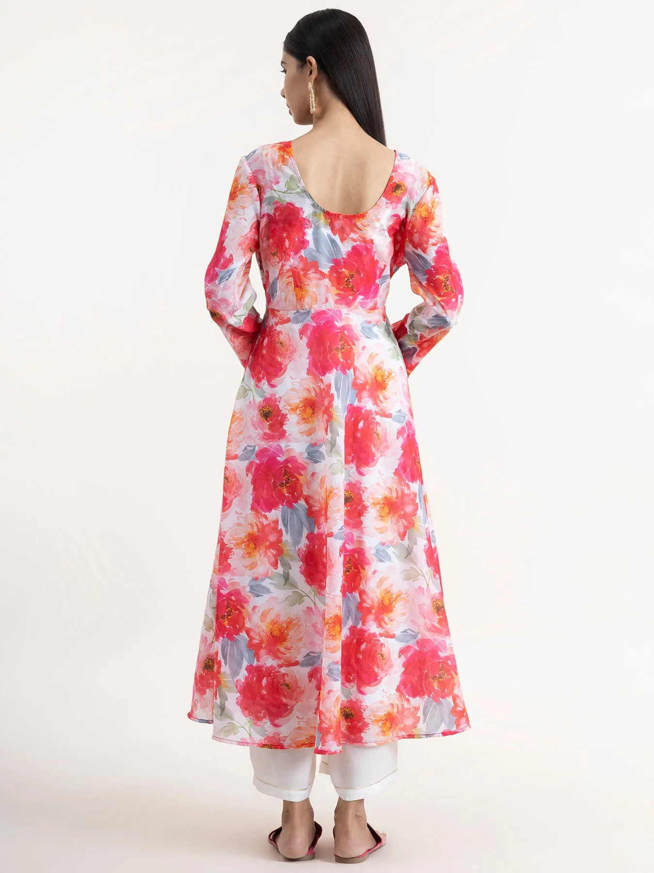 Chanderi Floral Kurta Set With Dupatta - Pink and White