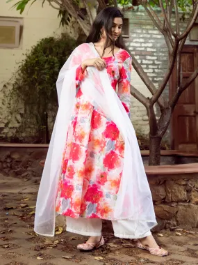 Chanderi Floral Kurta Set With Dupatta - Pink and White