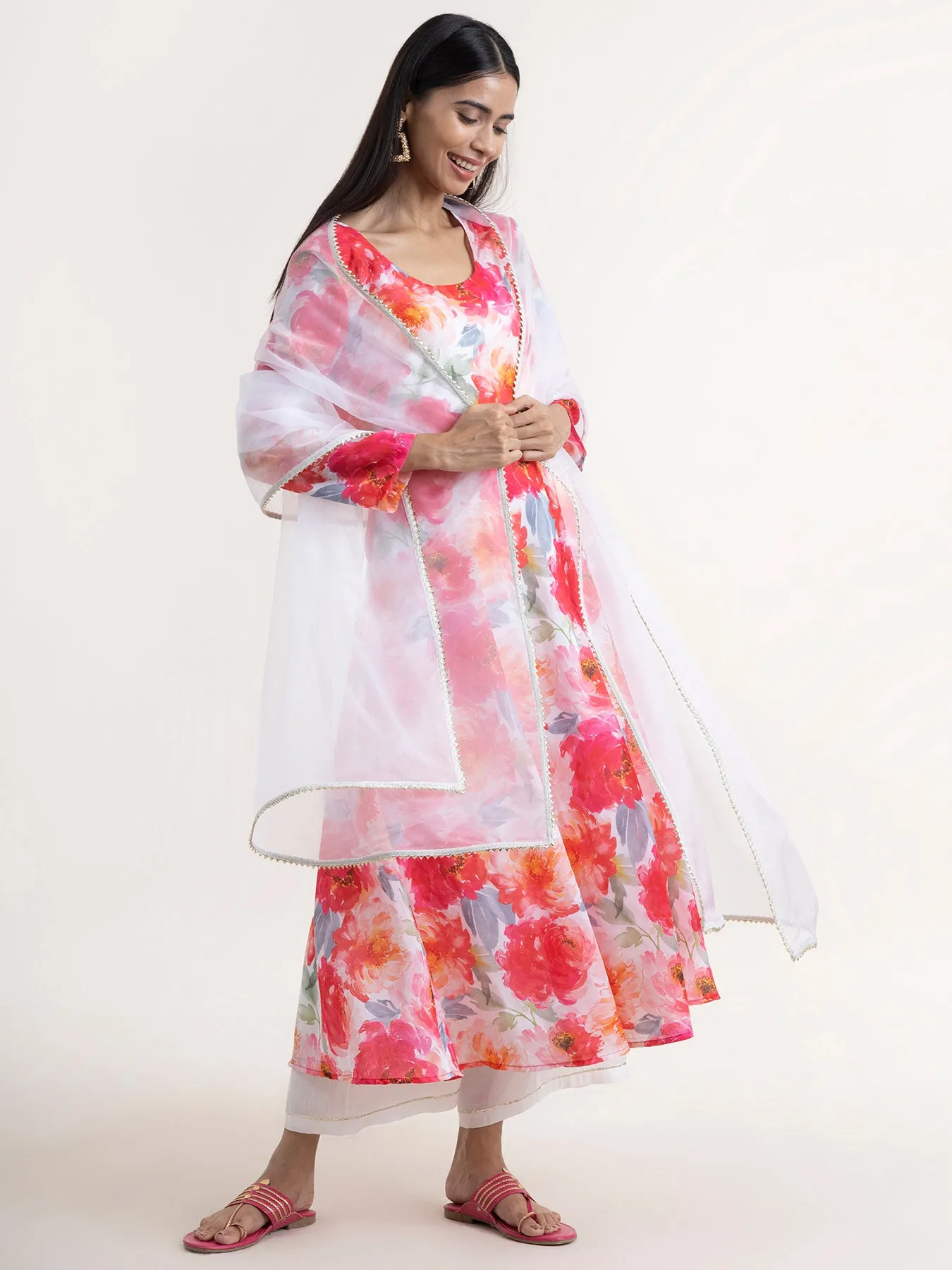 Chanderi Floral Kurta Set With Dupatta - Pink and White