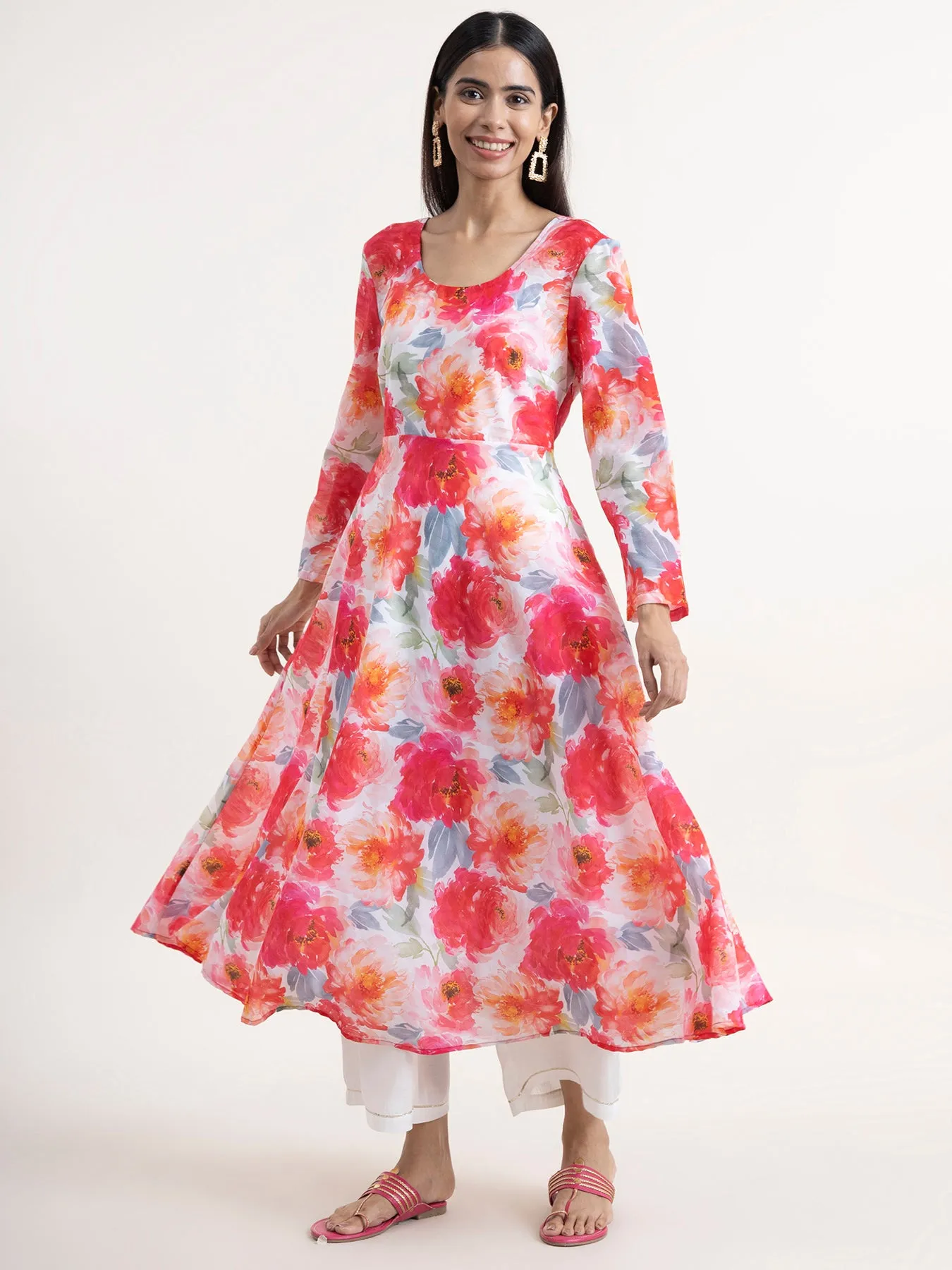 Chanderi Floral Kurta Set With Dupatta - Pink and White