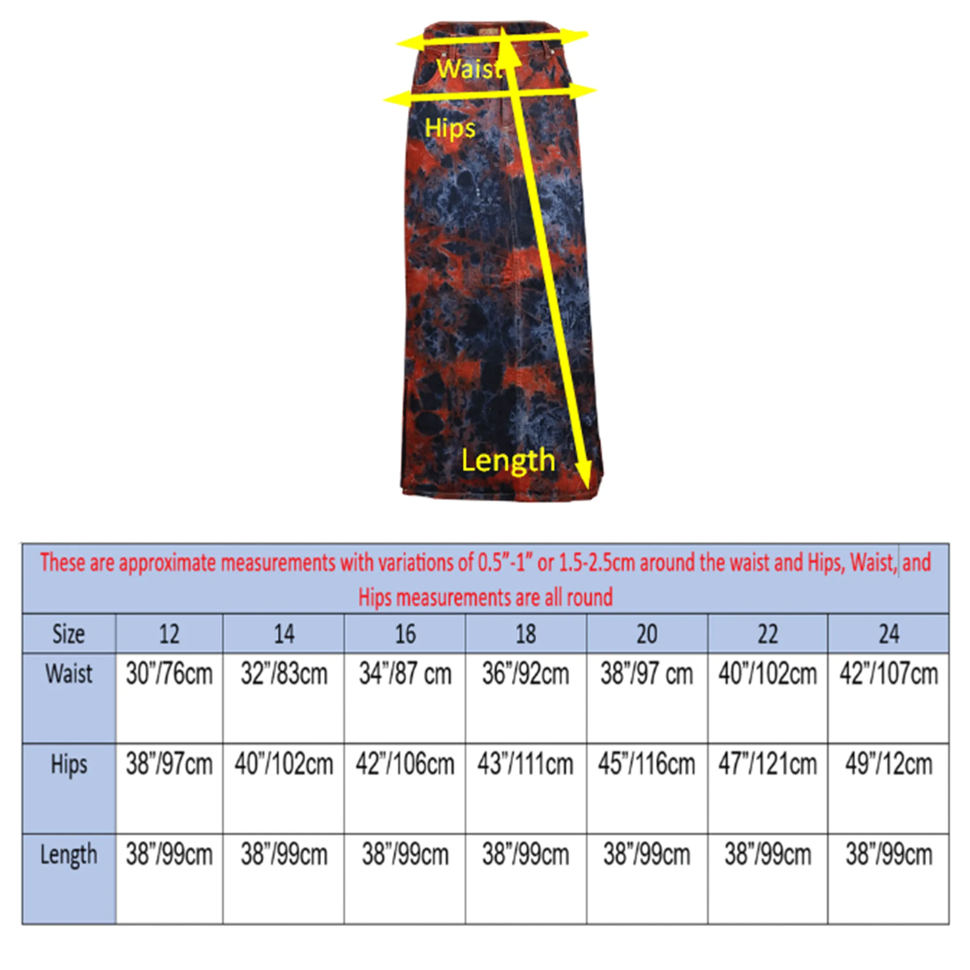 Clove Jeans Tie Dye Stretch Denim Maxi Skirts Plus Size Pencil Skirt 12-24