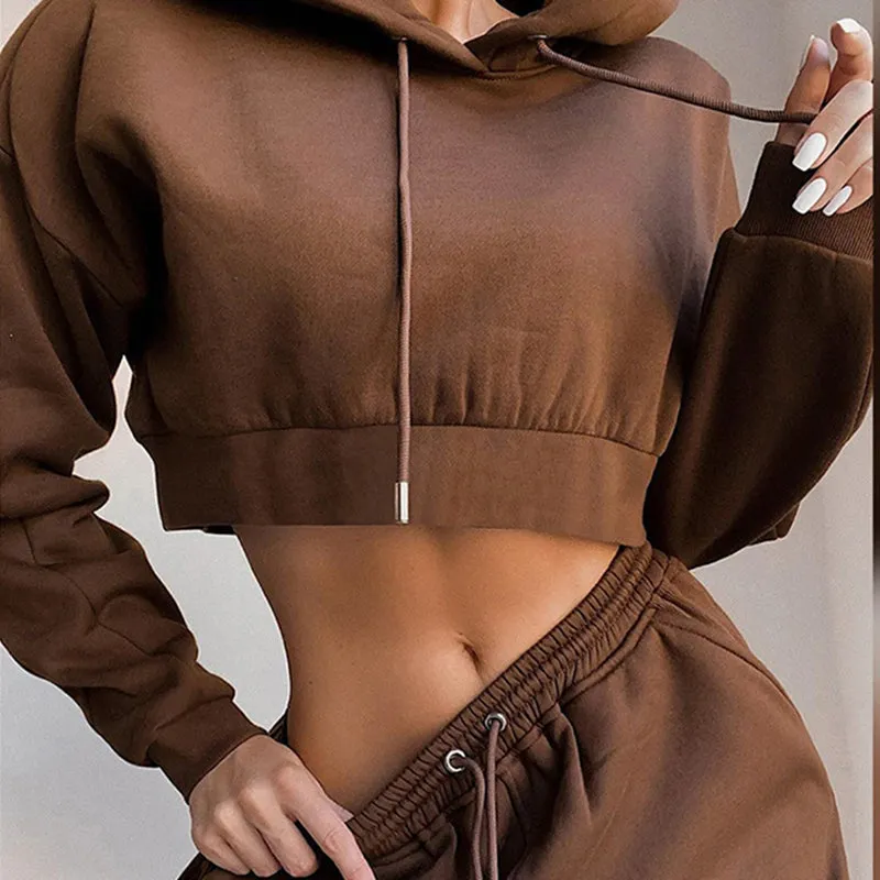 Comfy Hooded Fleece Crop and Joggers Two Piece Suit Co-ords