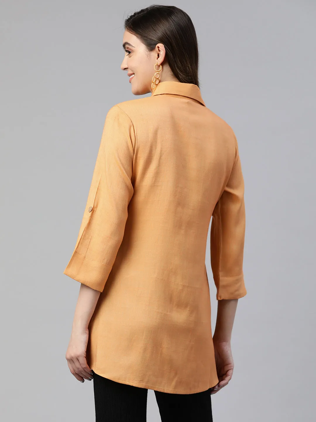 Cottinfab Roll-Up Sleeves Shirt Style Longline Top