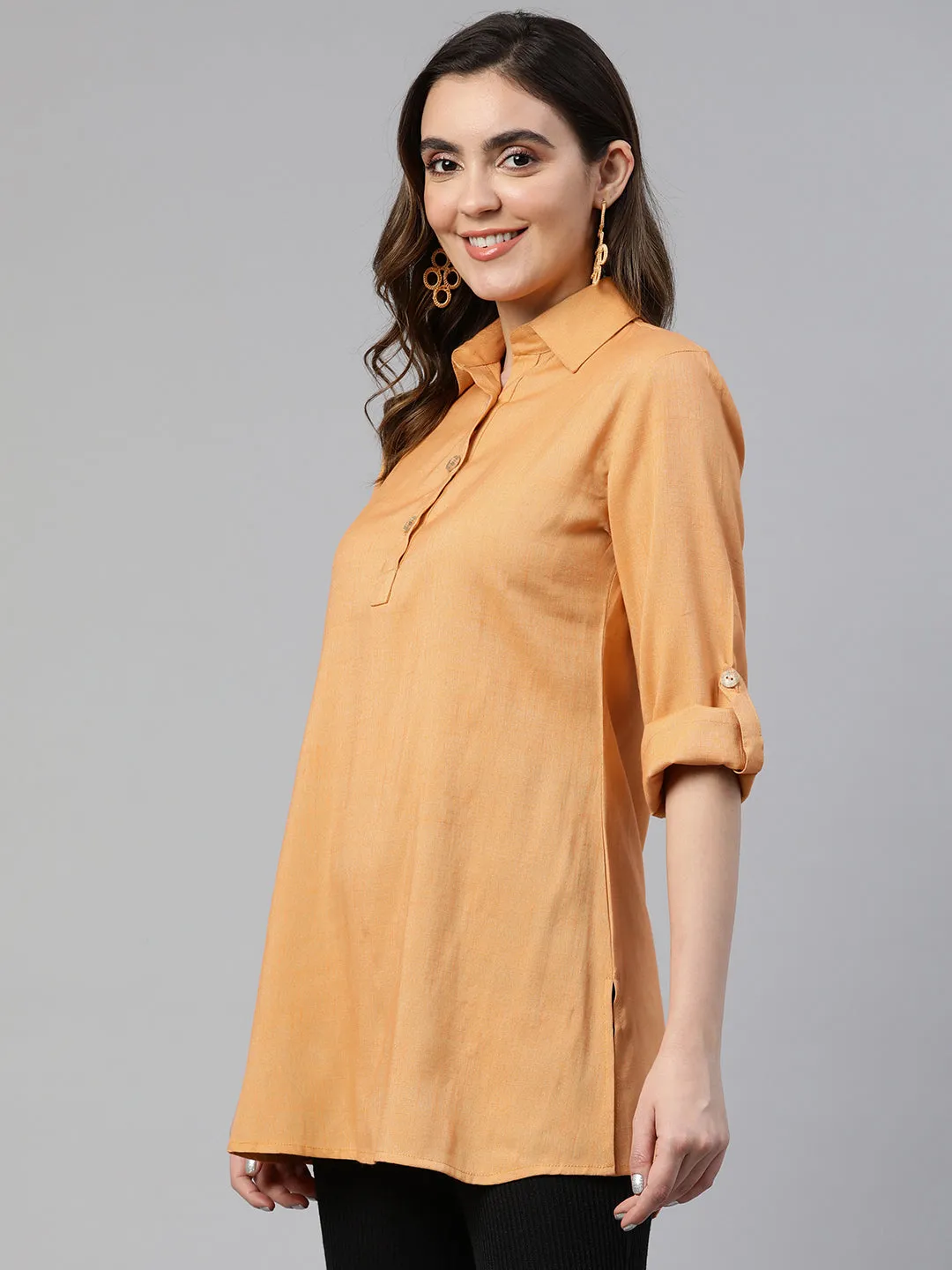 Cottinfab Roll-Up Sleeves Shirt Style Longline Top
