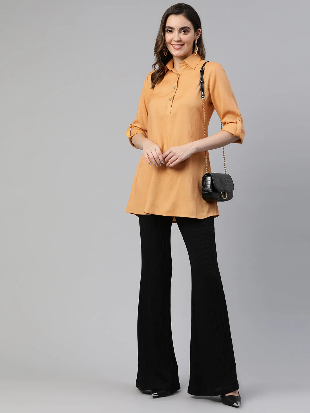 Cottinfab Roll-Up Sleeves Shirt Style Longline Top