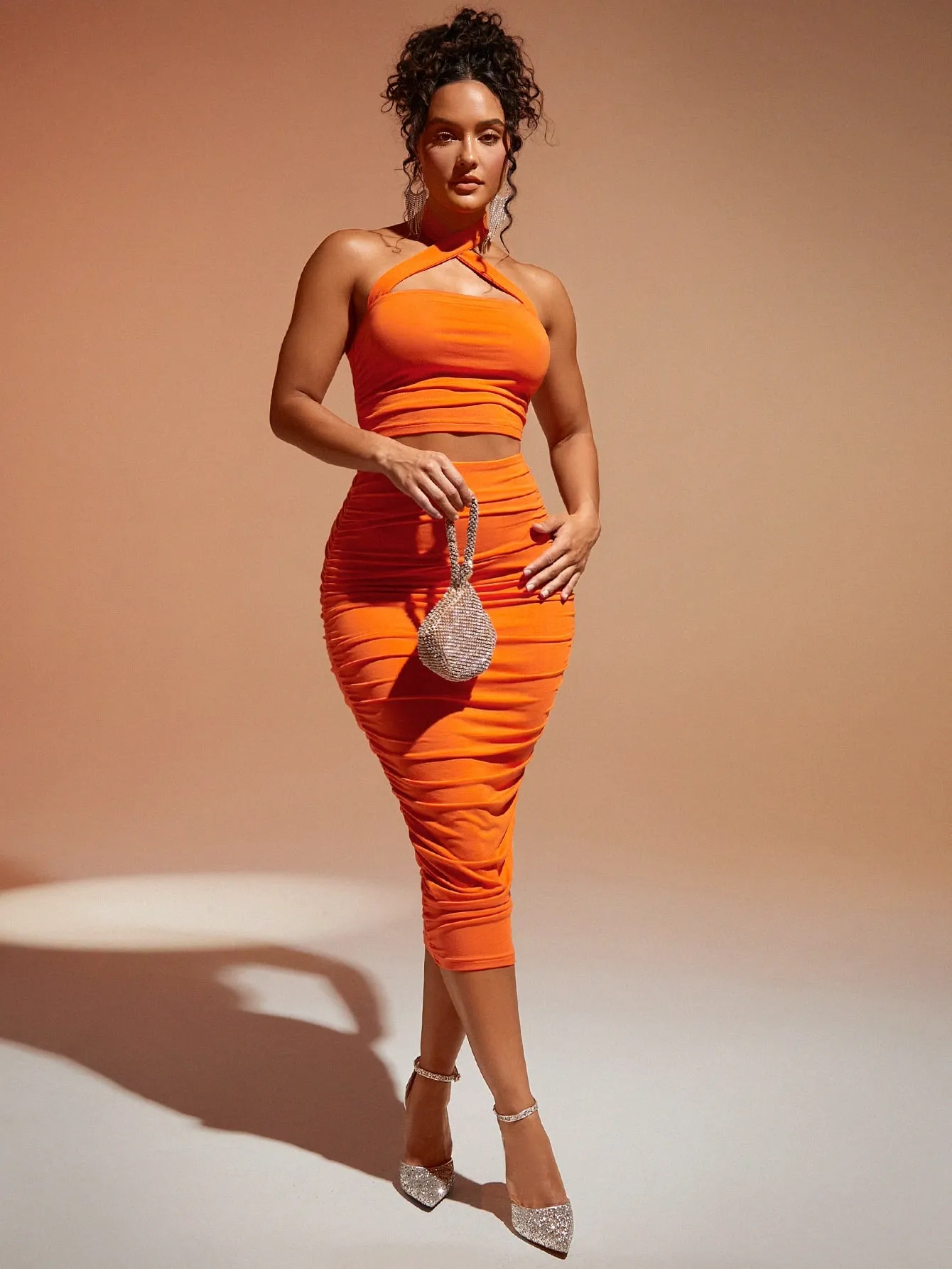 Crisscross Backless Halter Top & Ruched Pencil Skirt SS23