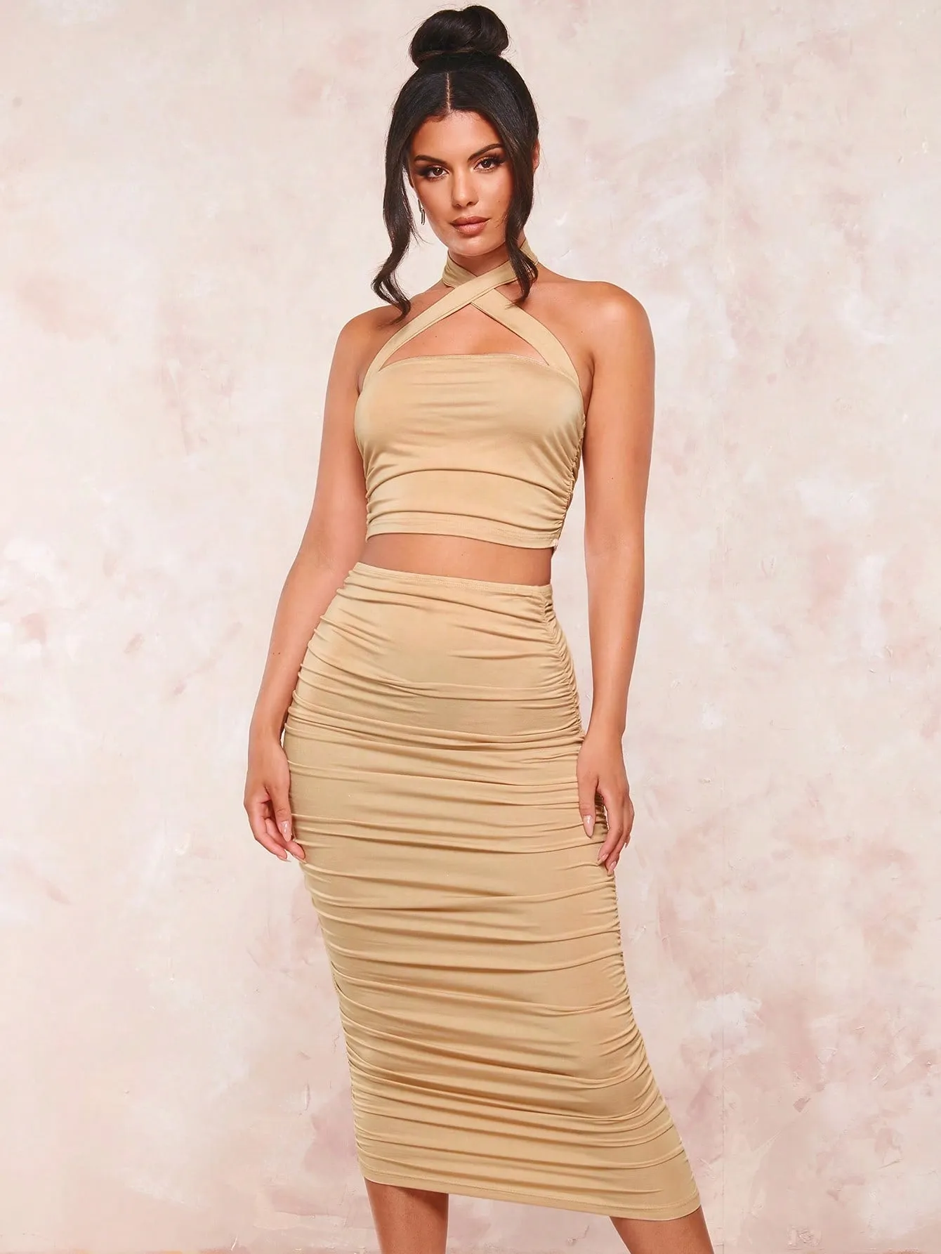 Crisscross Backless Halter Top & Ruched Pencil Skirt SS23