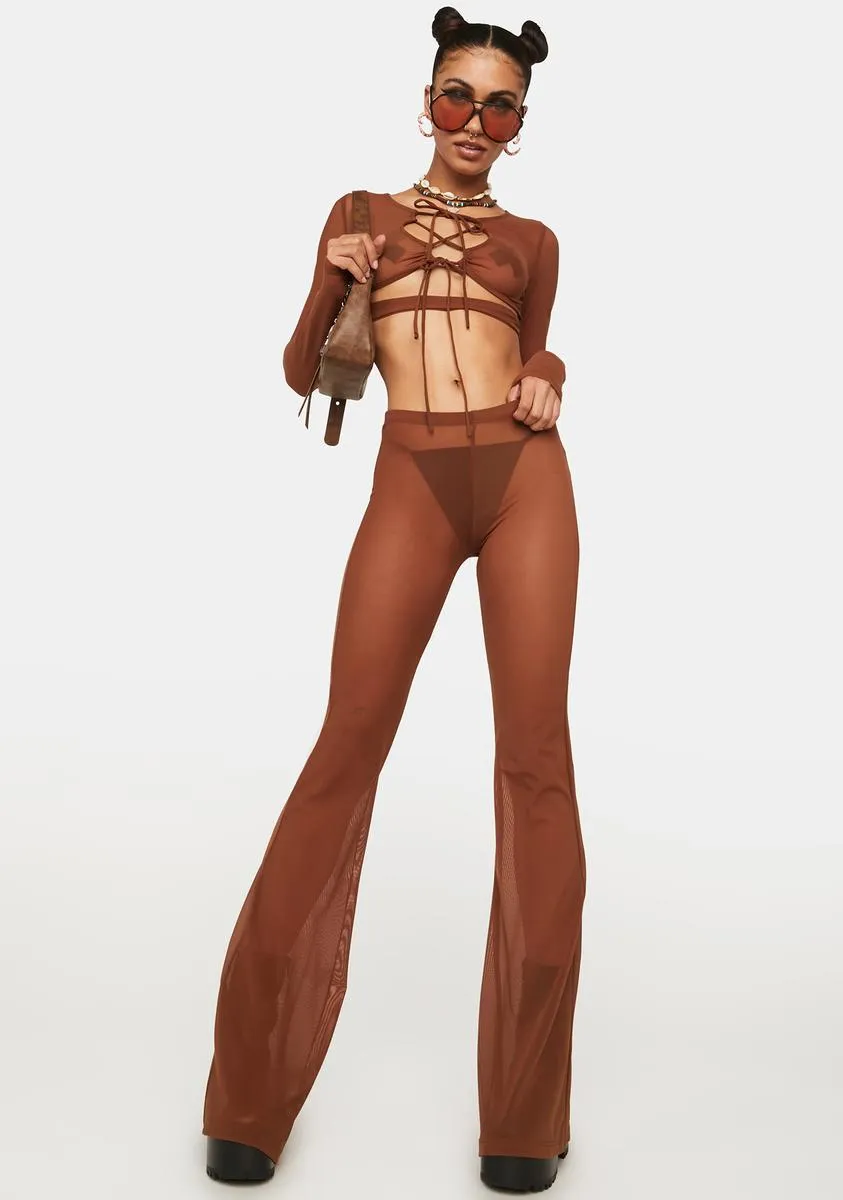 Cropped Mesh Top And Flare Pants Set