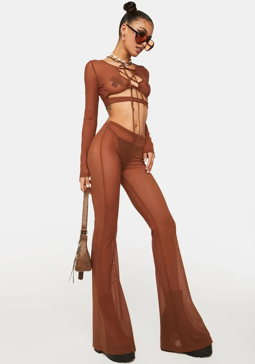 Cropped Mesh Top And Flare Pants Set